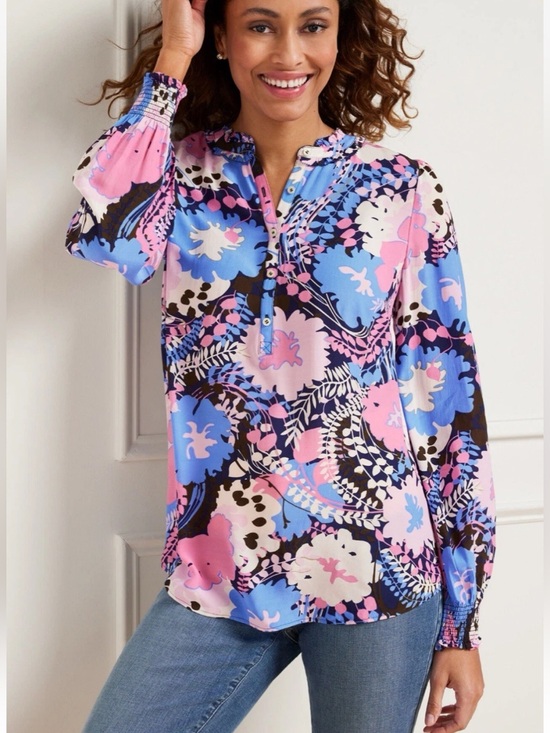 Talbots Tops - Talbots Cascading Blooms Floral Smocked Cuff Long Sleeve Blouse 100%Viscose Sz S
